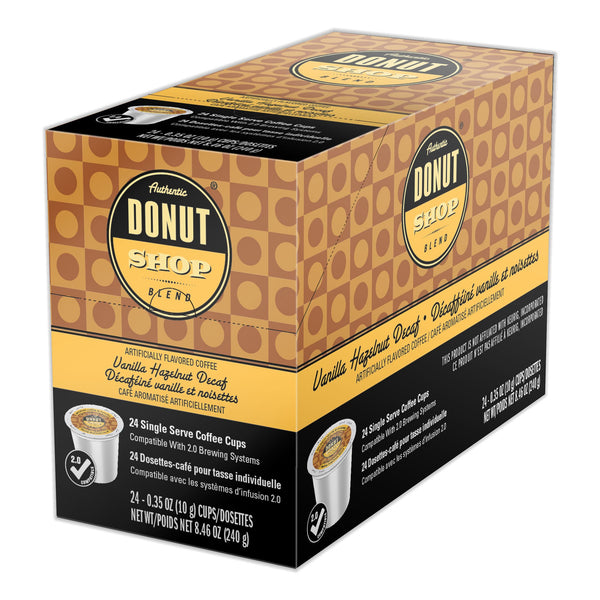 Authentic Donut Shop DECAF Vanilla Hazelnut flavored coffee, k-cup 2.0 compatible